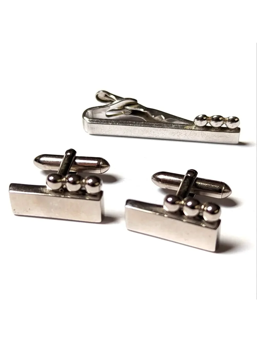 Vintage Swank Silver Tone Mod Circles Rectangular Cufflinks and Tie Clasp Set